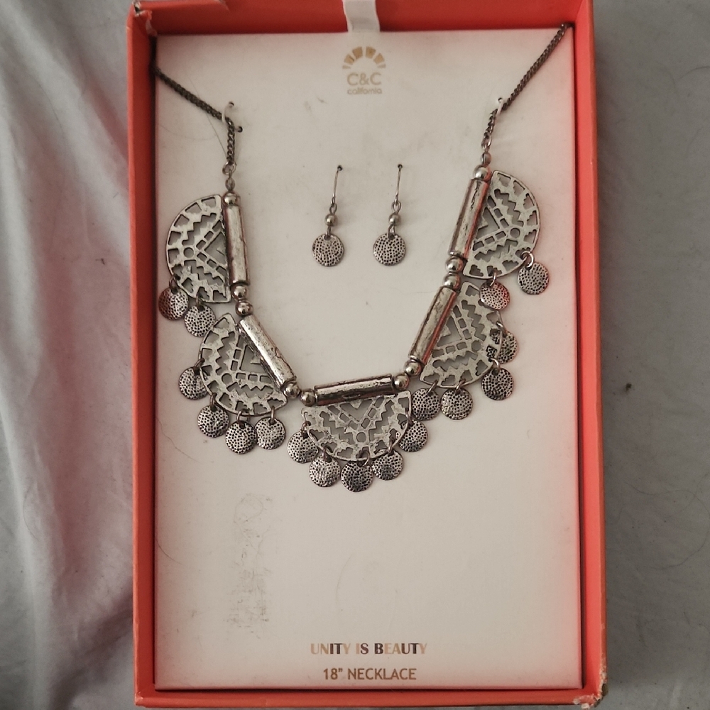C.C Silver Statement Necklace and Earring Set